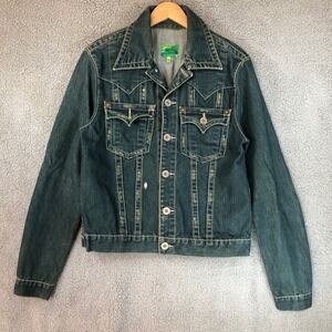 Refill Mens Blue Distressed Western Denim Trucker Jacket Contrast Stitch Large